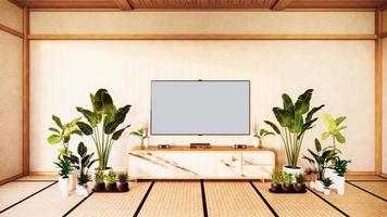 tv-kast in Japanse woonkamer op witte muur achtergrond, 3D-rendering