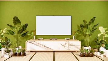 tv-kast in Japanse woonkamer op oude groene muurachtergrond, 3D-rendering foto
