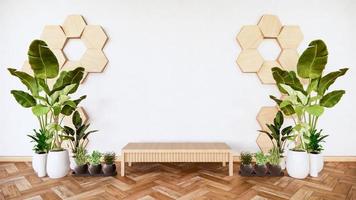 houten lage tafel met houten zeshoekige tegels op muur- en decoratieplanten.3D-rendering foto
