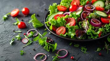 vers sla en tomaten Aan een tafel foto