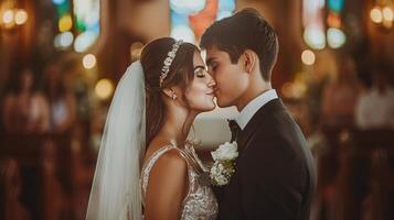 bruid en bruidegom zoenen in kerk foto