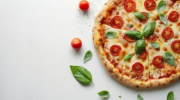 heerlijk pizza met vers tomaten en basilicum foto