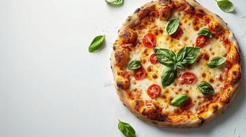 heerlijk pizza met vers tomaten en basilicum foto