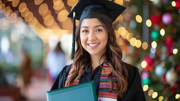 vrouw in diploma uitreiking pet en japon Holding boek foto