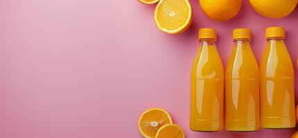 groep van sinaasappels met flessen van sap foto