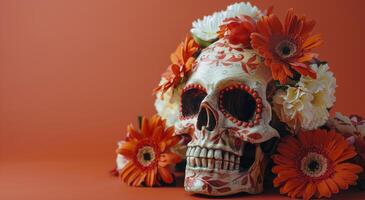kleurrijk schedel met bloemen Aan geel achtergrond foto