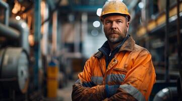 Mens in moeilijk hoed staand in fabriek foto