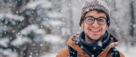 Mens vervelend bril en hoed in sneeuw foto