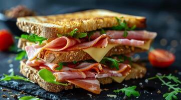 spek en kaas belegd broodje Aan tafel foto