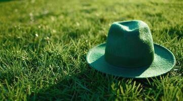 groen hoed resting Aan weelderig veld- foto