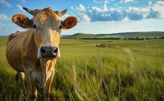 bruin koe staand Aan weelderig groen veld- foto