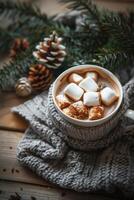 een kop van heet chocola met marshmallows foto