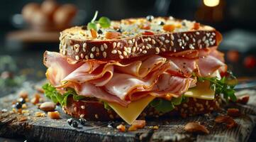 spek en kaas belegd broodje Aan tafel foto