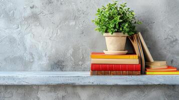 plank met boeken en ingemaakt fabriek foto