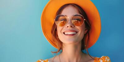 jong vrouw in oranje hoed en zonnebril foto