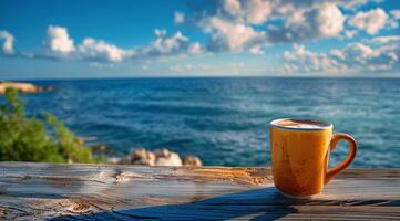 een kop van koffie Aan houten tafel met uitzicht oceaan foto