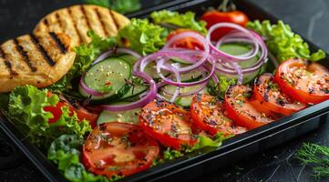 hamburger en salade in zwart houder Aan donker achtergrond foto