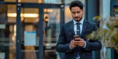 Mens in pak op zoek Bij telefoon foto