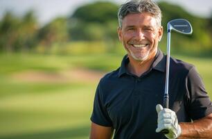 Mens glimlachen Holding golf club foto