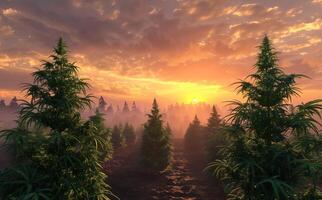 groot marihuana plantage met lucht en zonsopkomst in de achtergrond foto