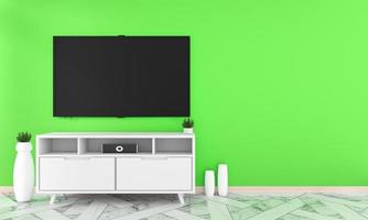 tv op kastontwerp in kamer interieur granieten tegelvloer op groene muur, minimale ontwerpen zen-stijl, 3D-rendering foto