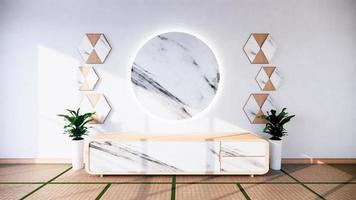 kabinet ontwerp graniet en houten in moderne lege ruimte en witte muur op witte vloer kamer tropische stijl. 3D-rendering foto