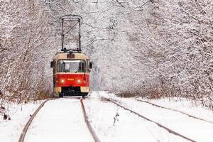 een oud tram in beweging door een winter Woud foto