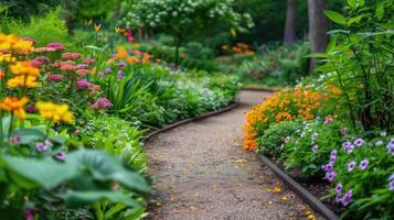 een sereen tuin pad geflankeerd door kleurrijk bloemen en weelderig gebladerte, uitnodigend een rustig wandelen foto