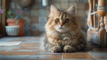 grijs kat met blauw ogen houdende Aan houten verdieping foto