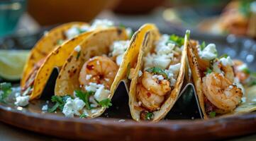 bord van taco's met garnaal en rijst- foto