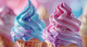 ijs room kegels met blauw en roze suikerglazuur foto