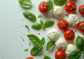 vers tomaten, Mozzarella en basilicum Aan een wit achtergrond foto