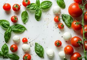 vers tomaten, Mozzarella en basilicum Aan een wit achtergrond foto