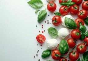 vers tomaten, Mozzarella en basilicum Aan een wit achtergrond foto