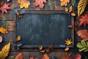 schoolbord met herfst bladeren Aan houten achtergrond foto