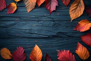 schoolbord met herfst bladeren Aan houten achtergrond foto