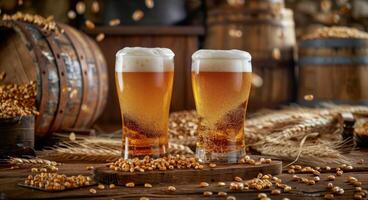 twee glazen bier op een houten tafel foto