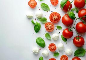 vers tomaten, Mozzarella, en basilicum Aan wit achtergrond foto