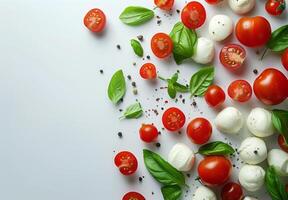 vers tomaten, Mozzarella, en basilicum Aan wit achtergrond foto