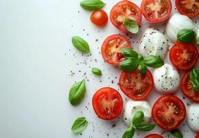 vers tomaten, Mozzarella, en basilicum Aan wit achtergrond foto