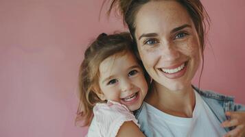 vrouw knuffelen dochter Aan roze bankstel foto