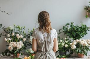 vrouw staand in voorkant van bundel van bloemen foto