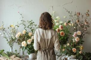 vrouw staand in voorkant van bundel van bloemen foto