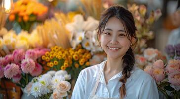 vrouw staand in voorkant van bundel van bloemen foto