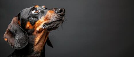 zwart en bruin hond op zoek omhoog in de lucht foto