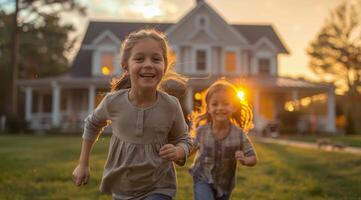 kinderen rennen aan de overkant gras veld- foto