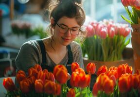 vrouw staand in voorkant van bundel van bloemen foto