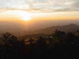 de zon stijgt, gieten een gouden licht over- een bergachtig landschap met aftekenen bomen, creëren een verbijsterend ochtend- tafereel foto