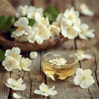essentieel olie van jasmijn bloem Aan houten achtergronden foto