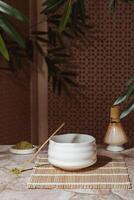 thee ceremonie van de matcha. Japans tradities van sharing gepoederd groen thee foto